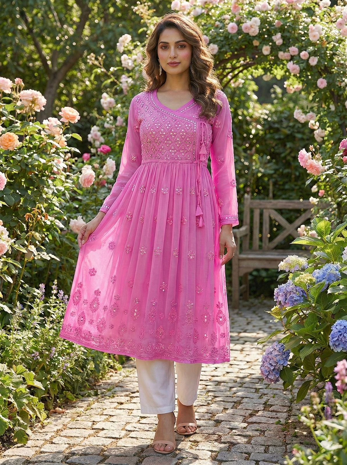 AAI Planet Beautiful Georgette chikankari Pink with Mirror work